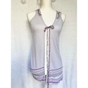 Lulumari Gray & Purple Ramie & Rayon Blend Front Tie Sleeveless Cardigan Medium